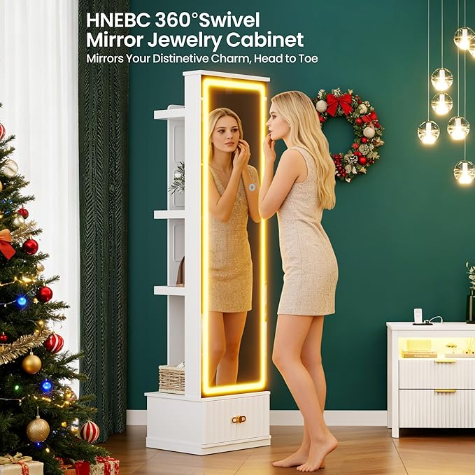 HNEBC LED Jewelry Cabinet Standing, Full Length Mirror with Storage/3 Color Adjustable LIghts, Jewelry Armoire has 3 Photo Frames/4 Shelfs/1 Drawer,Space-Saving Organizer,Christmas Gifts for Women