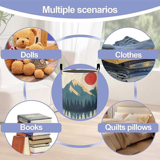 Laundry Basket,Boho Mountains Sun Large Canvas Fabric Lightweight Storage Hamper Organizer Dirty Clothes Collapsible Waterproof for College Dorms,Bathroom