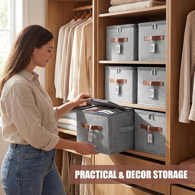 6 Pack Fabric Closet Storage Bins with Zipper Lids and Label, 15x10x10In Large Size Foldable Cotton Linen Storage Cubes Boxes with PU Leather Handles Holders for Bedroom, Shelf, Nursery, Gray