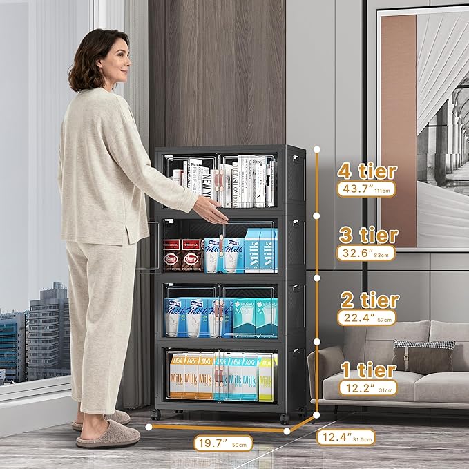 Extra Large Stackable Storage Bins with Lids & Wheels & Door, 416QT-52QT/13GAL*8Pack Foldable Collapsible Closet Organizers, Plastic containers drawers for bedroom Dorm