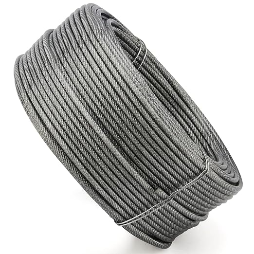 MOUYAT 164FT x 1/4 Inch Stainless Steel Wire Rope, 7 x 19 Strands Construction Aircraft Cable, Metal Strong Hanging Cable Wire Rope for Winch, Clothesline, Garden Fence, 6400 LBS Breaking Strength