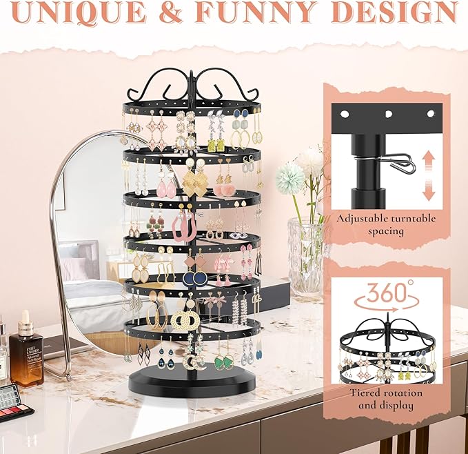 iDavosic.ly 6 Tier Metal Rotating Earring Holder Organizer, 264 Holes Large Stud Storage Display Stands Tree Rack, Adjustable Pierced Hoop Dangle Tower for Women, Black