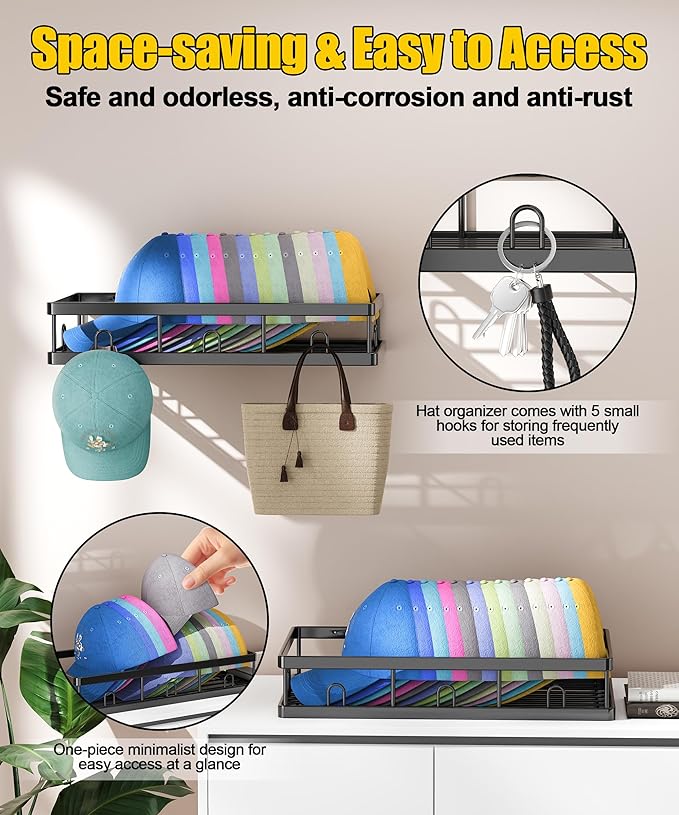 Sunfanie 2 Packs Metal Hat Rack for Wall, Holder with Multiple Hooks, Organizer for up to 40 Baseball Caps, Sturdy Wall Drilled Rack, Storage for Door/Closet, Black