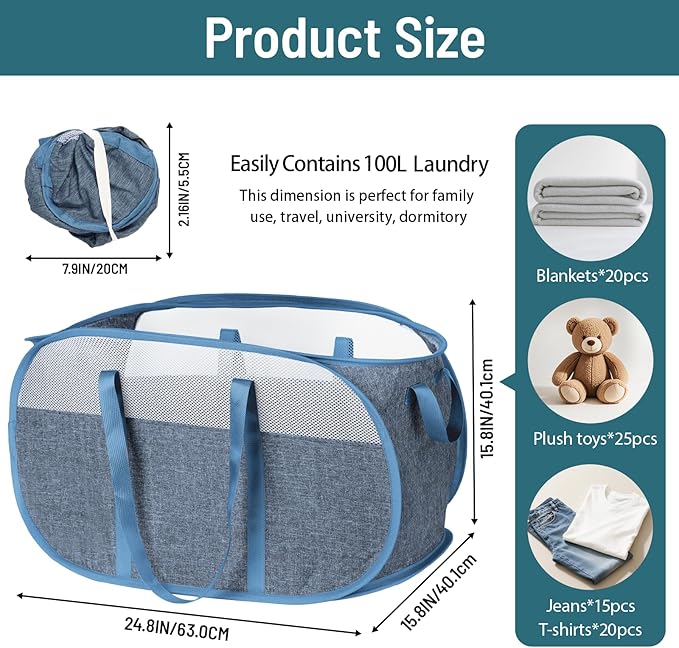 100L Collapsible Laundry Baskets, Tear Proof Pop Up Laundry Hamper with Dual Handles, Large Foldable Laundry Basket, Easy to Carry Laundry Hamper for Home, Laundry Room, Bedroom, Dorm, Travel Blue