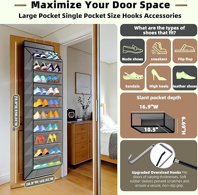 PAULONE 10-Pocket Multi-Use Over The Door Organizer, Heavy Duty 95lbs Capacity with Breathable Mesh, Versatile Hanging Storage for Shoes, Toys, Office Supplies-Slate Grey