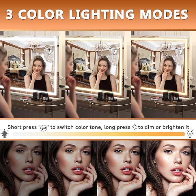 Hasipu Vanity Mirror with Lights, 32" x 22" LED Makeup Mirror, Lighted Makeup Mirror with Dimmable 3 Modes, Touch Screen Control Vanity Mirror Square White
