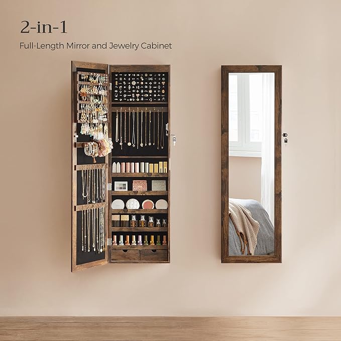 SONGMICS 6 LEDs Mirror Jewelry Cabinet, 47.2-Inch Tall Lockable Wall or Door Mounted Jewelry Armoire Organizer with Mirror, 2 Drawers, 3.9 x 14.6 x 47.2 Inches, Rustic Brown UJJC93CB