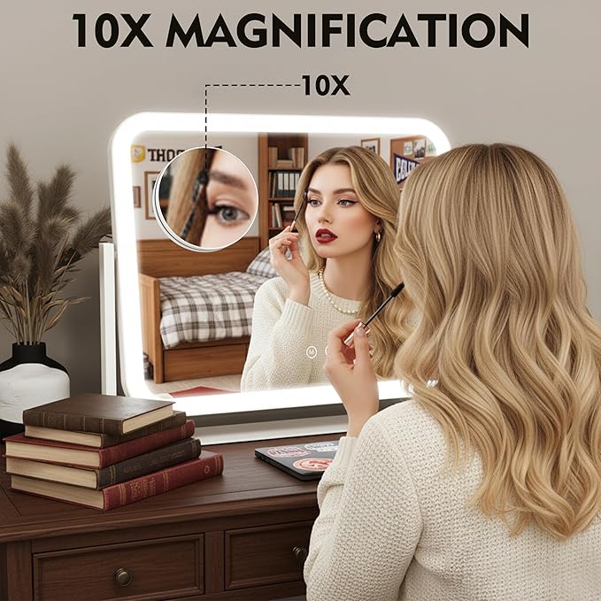 HNV Lighted Makeup Mirror, 17"x13" Hollywood Vanity Mirror with Lights, 10X Magnification, 3 Color Dimmable LED, Smart Touch Control, 360° Rotation Tabletop Mirror for Bedroom & Dressing Room (White)