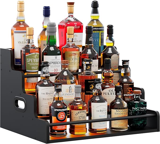 19.6”W x 15.74" D x 12.5" H Inches Versatile 4-Step Coffee Syrup & Water Bottle Organizer Rack Multi-Functional Retro Display Shelf for Kitchen or Bar, Holds Liquor & Spirits, Black