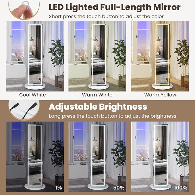 CHARMAID Swivel LED Mirror Jewelry Cabinet Armoire, Full Length Mirror with Storage, 3 Color & Adjustable Lights, Lockable Standing Jewelry Organizer with Lighted Mirror (White)