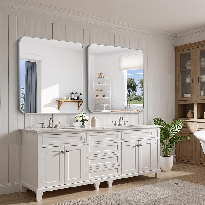 FORBATH 40x36 Inch Silver Bathroom Mirror for Over Sink, Large Rectangular Wall Mirror with Metal Frame, Rounded Corners for Bathroom, Bedroom, Entryway Decor (Horizontal or Vertical)