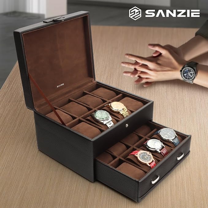 SANZIE 16-Slot Watch Box for Mens Watch Case with Removable Watch Pillows, Watch Holder Organizer Watch Storage with Brown Synthetic Leather (Brown)