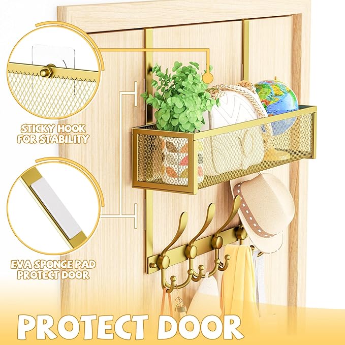 Over The Door Hooks Organizer,Over Door Hanger Towel Rack Mesh Basket with 12 Hooks,Back of Door Storage Organizer for Bedroom,Bathroom,Kitchen,Office(Gold)