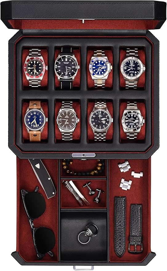 ROTHWELL 8 Slot Leather Watch Box with Valet Drawer - Luxury Case Display Jewelry Organizer, Locking Display Case Holder, Real Glass Top - Watch Box Organizer for Men & Women (Black/Red)