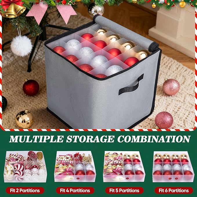 BALEINE Christmas Ornament Storage Box with Dividers, Premium Holiday Ornaments Storage Container Bin for Xmas Decorations (64 Ball, Grey, Soft)