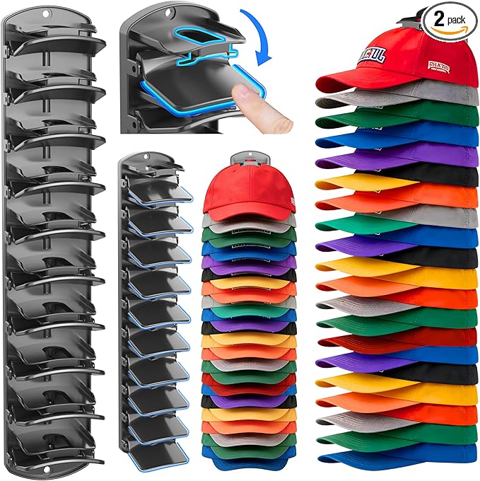 Double Capacity Hat Organizer for Baseball Caps 2 Packs - 40 Cap Storage with Spring Clips, Wall Mount Closet & Door Hat Rack Holder Hanging(Strong Adhesive & Screws) Matte Black