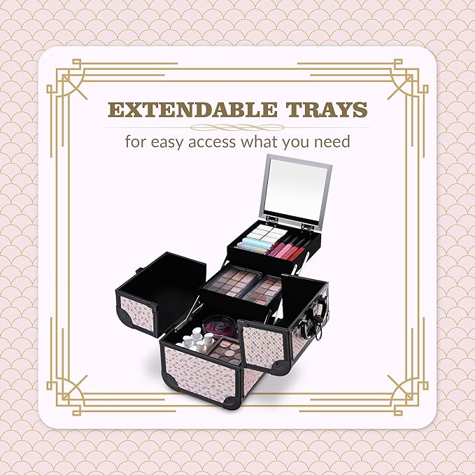 BYOOTIQUE Rolling Makeup Train Case on Wheels 3-Piece Hairdressing Brush Bags Cosmetology Art Deco Tyrian