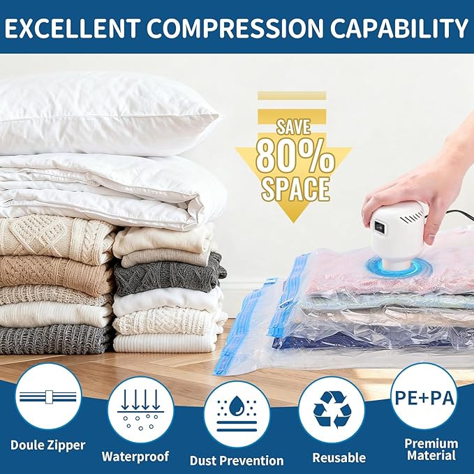 Vacuum Storage Bags with Electric Pump,8 Pack Extra Large Space Saving Vacuum Seal Bags for Bedding,Blankets,Comforters,Duvets,Pillows(4 Large+4 Super Jumbo)