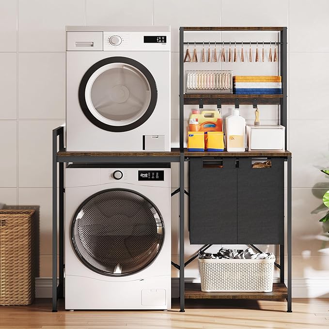 DWVO Over Washer and Dryer Shelves, Laundry Room Organization with Removable Pull-Out Hamper, Hanging Rods, Metal Hooks, Heavy-Duty Laundry Countertop with Non-Tipping Kits, Retro Color