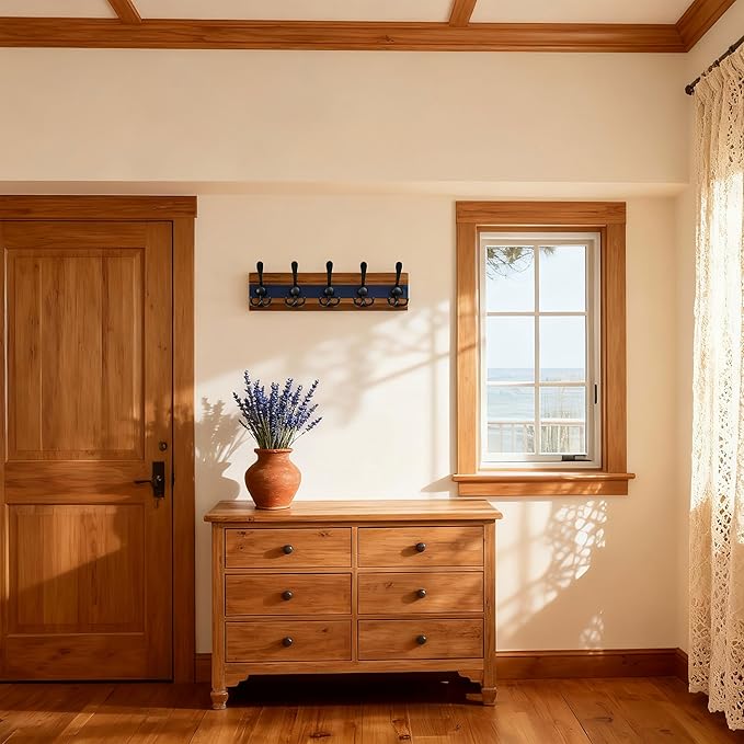 SKOLOO Rustic Wall Mounted Coat Rack - 16-7/8" Long Coat Hooks for Wall with 5 Triple Hooks for Hanging Coats, Hats or Tools, Western National Parks Collection, Wood Brown & Blue, Pack of 2