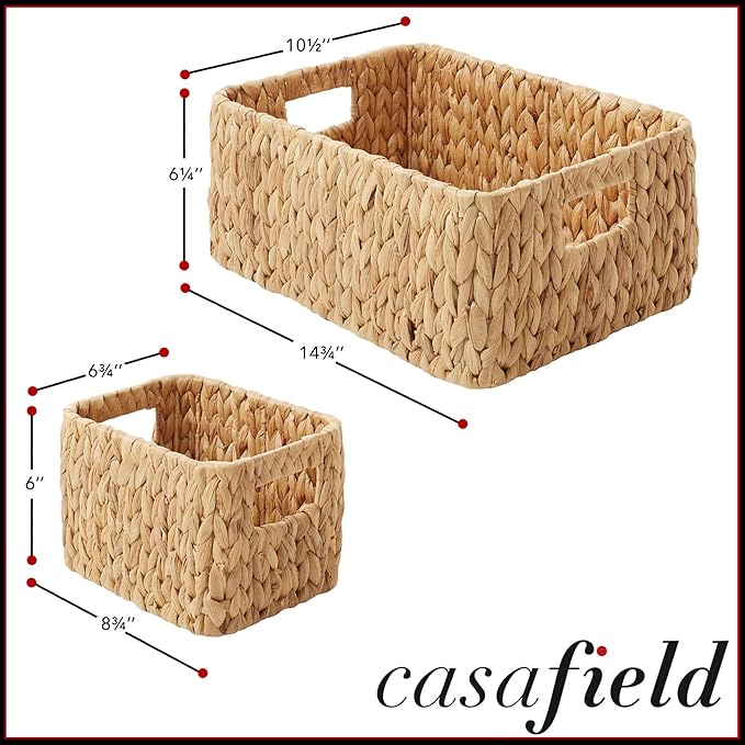 Casafield Set of 3 Water Hyacinth Storage Baskets for Shelves - 1-Large, 2-Small Woven Organizers with Handles for Bathroom, Laundry, Pantry, Office