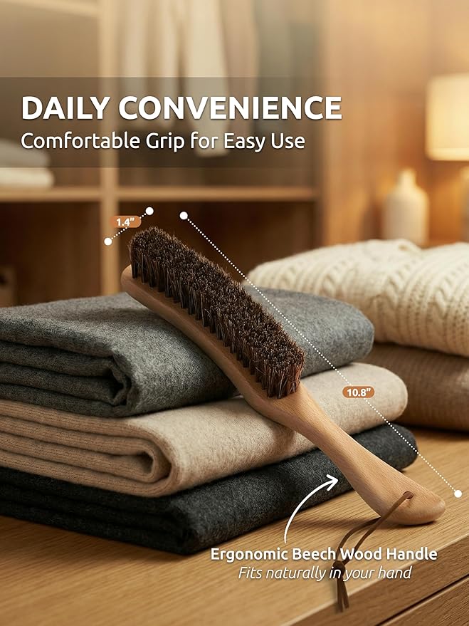 Lint Brush for Clothes with 100% Soft Horse Hair Bristle, Large Beech Wood Handle, Lint Remover for Hat, Pet Hair, Suits, Cashmere, Wool, Velvet, Suede, Shoe