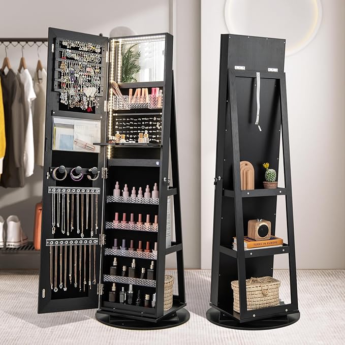 CHARMAID 360° Rotating Jewelry Armoire with LED Lighted Full Length Mirror & Built-in Vanity Mirror, Lockable Standing Jewelry Cabinet with Lights, Large Storage Organizer for Jewelry (Black)