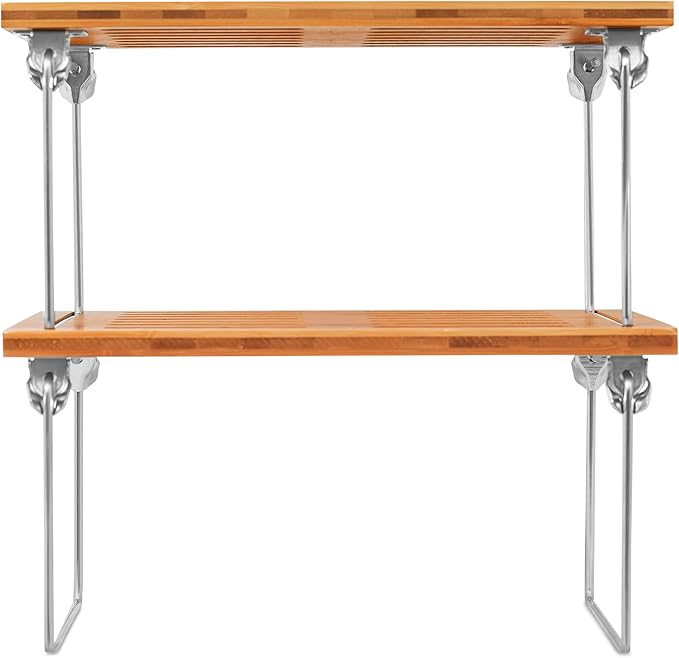 Internet's Best - Stacking Utility Shelf - Bamboo - 2 Shelves - Kitchen Cabinet Closet Organizer and Storage - Small
