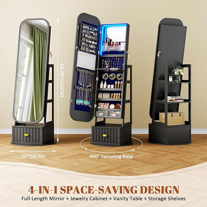 Full Length Mirror with Storage, 61" Mirror Jewelry Cabinet Standing, Rotating Jewelry Mirror Organizer Full Length, Lockable Jewelry Armoires with Velvet Lining for Women Gift