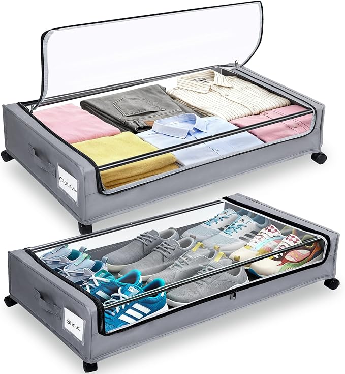 Under Bed Storage with Wheels, 2 Pack Under bed Storage Containers,XXL 60L Rolling Under bed Storage Bins for Clothes, Shoes, Blankets in Bedroom, Dorm,Grey