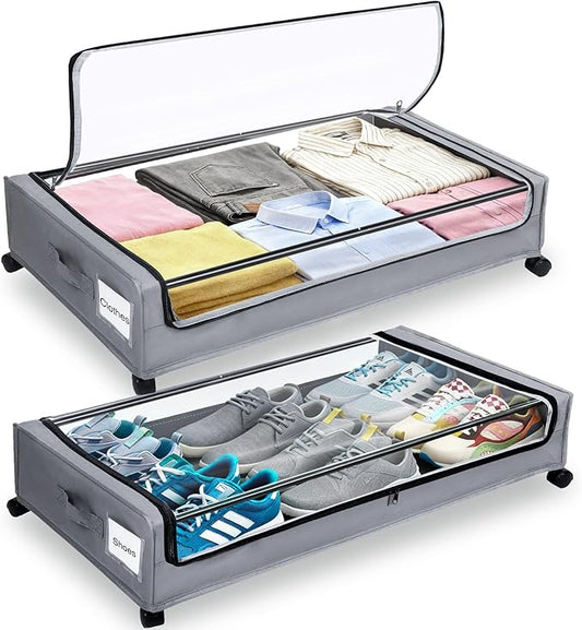 Under Bed Storage with Wheels, 2 Pack Under bed Storage Containers,XXL 60L Rolling Under bed Storage Bins for Clothes, Shoes, Blankets in Bedroom, Dorm,Grey