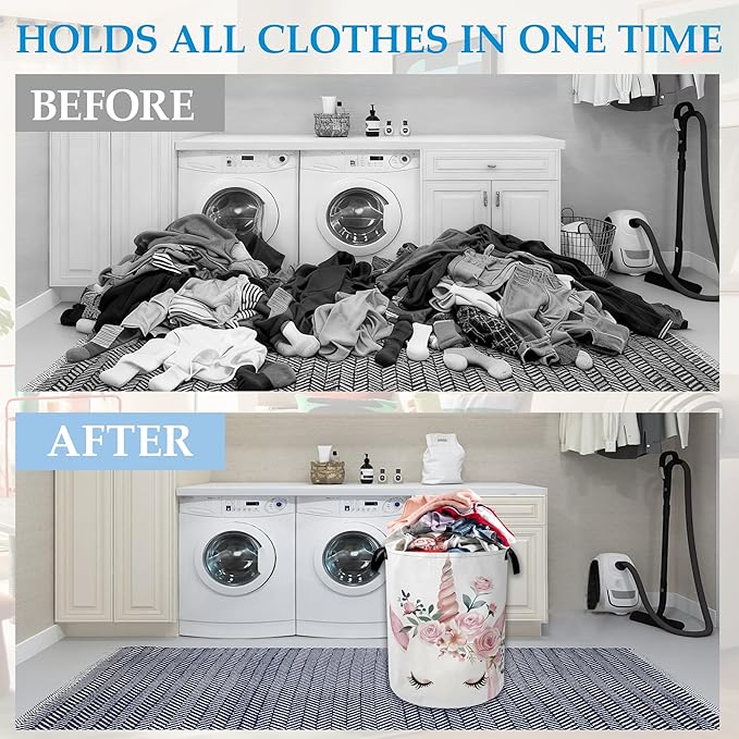 Cute Unicorn Laundry Basket Collapsible Laundry Hamper Clothes Toy Storage Bin for Bathroom Bedroom Room Decor 16" X 20.8"