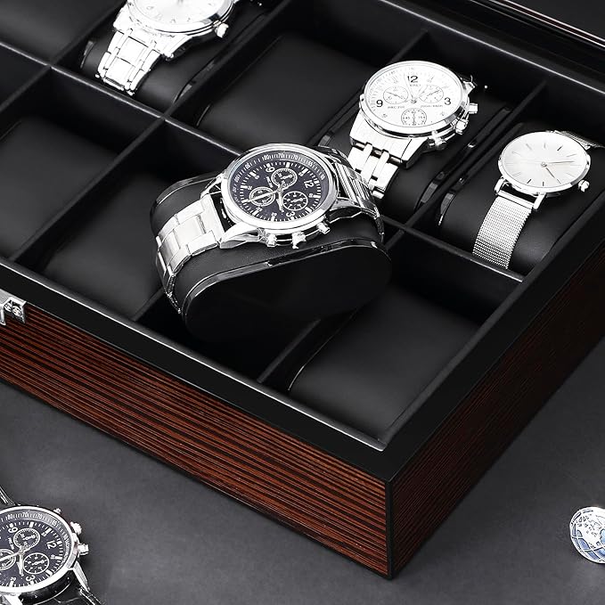 BEWISHOME Watch Case, 12-Slot Watch Box with Large Glass Lid, Wooden Watch Box Organizer for Men, Watch Storage with Removable Watch Pillows, Synthetic Leather Interior, Brown SSH12Y