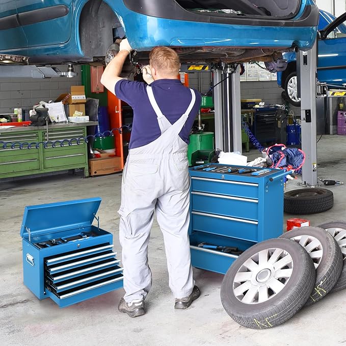 Winado 24" Portable Tool Box, 5 Drawer Tool Chest with Carry Handle, Top Case, Ball Bearing Runners, Lockable Metal Hand Toolbox for Garage, Warehouse, Repair Shop & Home, Blue