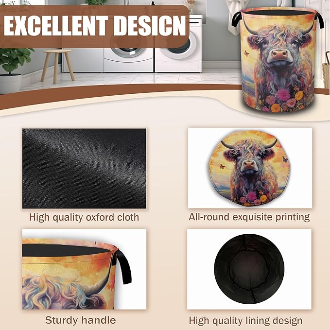 Highland Cow Laundry Basket,oil Painting Laundry Hamper Waterproof Oxford Cloth Tote Collapsible,Clothes Storage Bucket Decorative Toy Organizer For Bathroom Bedroom 16" x 20.8"