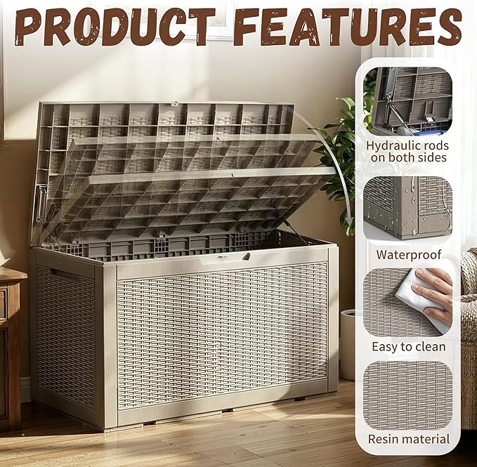 Vixzen 120 Gallon Waterproof Large Deck Box, Lockable Resin Outdoor Storage Box with Hydraulic Lid, Durable Storage Bin for Patio Furniture Cushions, Garden Tools, Pool Accessories, Gray