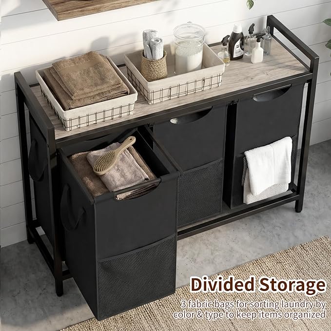 Heybly Laundry Hampers, 3 × 15 Gal (171 L) Laundry Basket with Large Desktop Sorter for Laundry Room organization, Bathroom and Dorm Laundry Bags on Storage Shelf Greige HLH003SG