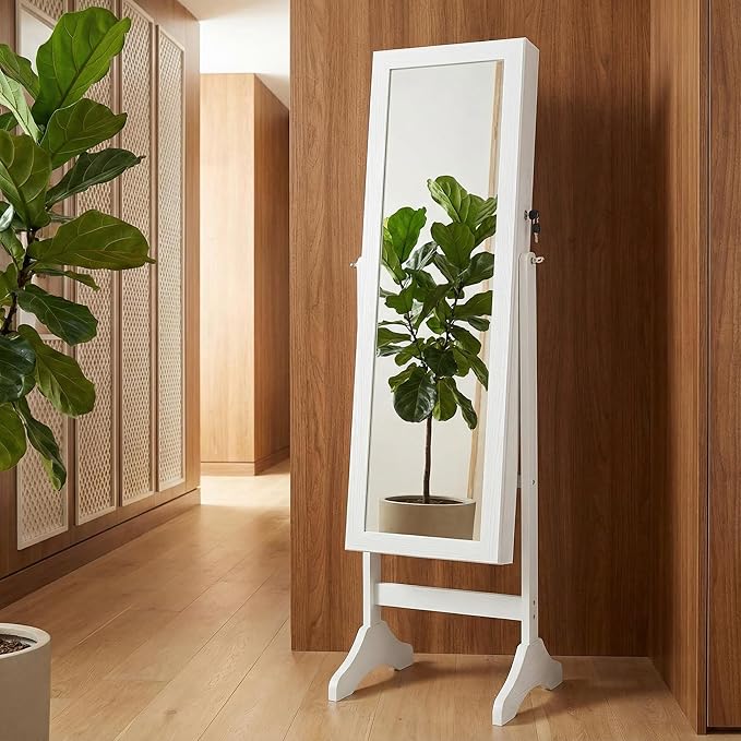 Jewelry Armoire with Full-Length Mirror, Lockable Velvet Lined Organizer with 5 Shelves, 3-Angle Adjustable Standing Mirror, 2 Keys & Bonus Pouch, Elegant White, 47.3 Inch