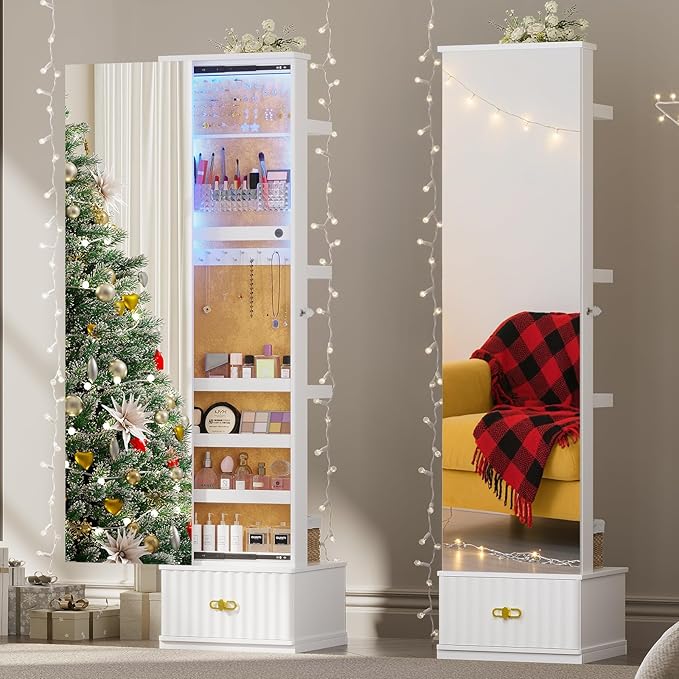 HNEBC Mirror Full Length with Stand, Jewelry Organizers and 4 Storage Racks, Jewelry Cabinet with Drawes,Ring-Necklace-Earring Holder, Jewelry Armoire with Lights for Bedroom/Cloakroom (White)