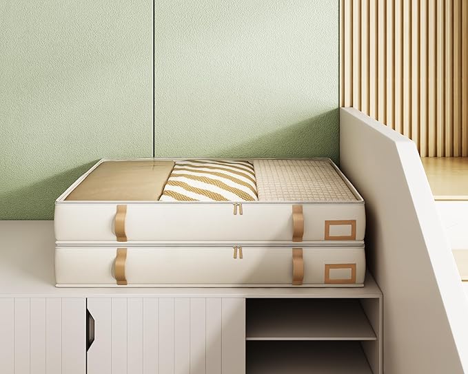 Vailando Under Bed Storage Containers, 6 Inches Tall 60L Underbed Storage Bins with Leather Handles and Sidewalls, Closet Organizer for Clothes, Blankets, Seasonal Items, Beige with Brown, 2-Pack