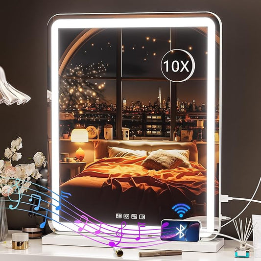 Hasipu Vanity Mirror with Lights and Bluetooth Speaker, 20" x 25" LED Makeup Mirror, Light up Mirror with 10X Magnification and USB Charging Port, Smart Touch 3 Colors Dimmable (White)