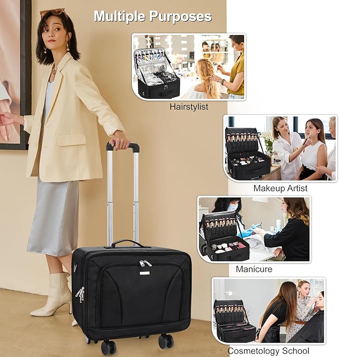 Relavel Rolling Makeup Case, Extra Large Travel Train Case with 360° Spinner Wheels, 3 Layer with Insulation Compartment & Four Clear Storage Bags, Professional Makeup Artist Bag Set, Black