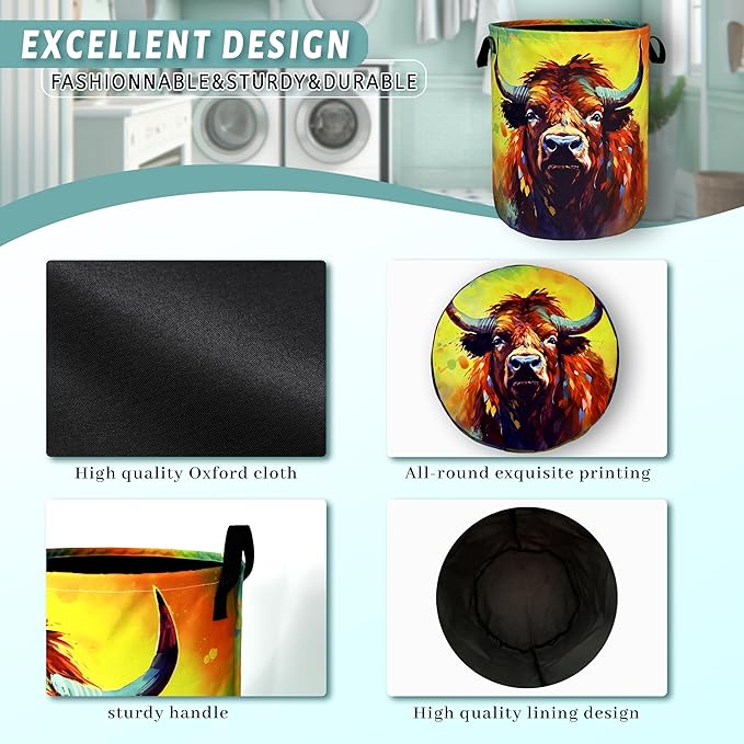 Highland Cow Laundry Hamper Foldable With Handles Funny Animal Tote Bag Oxford Cloth Colorful Laundry Basket Clothe Toy Storage Bucket 18.9"x16.5"For Bathroom/Laundry/Bedroom