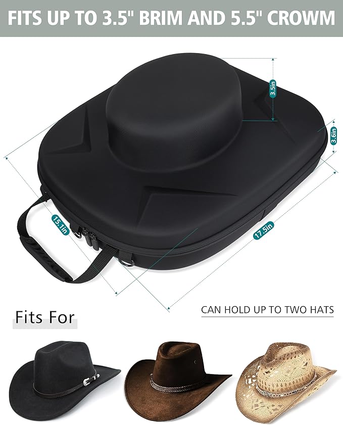 Crush-Proof Travel Hat Case - Hard Shell Carrier for Cowboy, Fedora, Panama & Tweed Hats with Luggage Strap & Handle