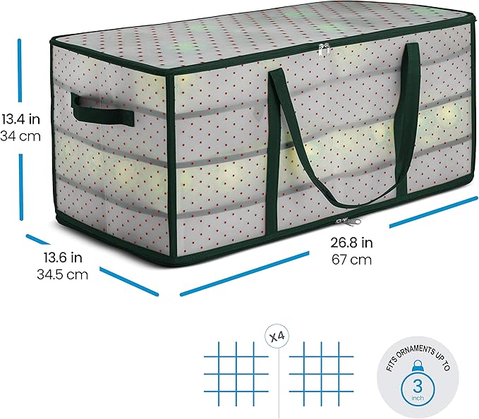ZOBER Christmas Ornament Storage Box Plastic - Stores 128 3" Ornaments with Individual Trays - Ornament Organizer Storage Box, Durable Christmas Containers Holder - Green