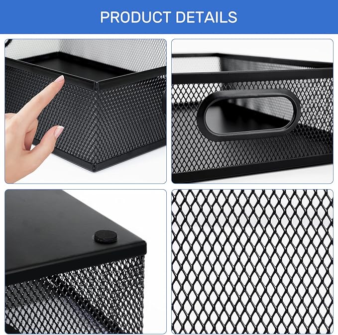 Neudeco Desk Drawer Organizer with 6 Adjustable Dividers, Metal Pen organizer for desk drawer,Mesh Office Desk Drawer Organizer Tray for office supplies (Pack 4, Black)