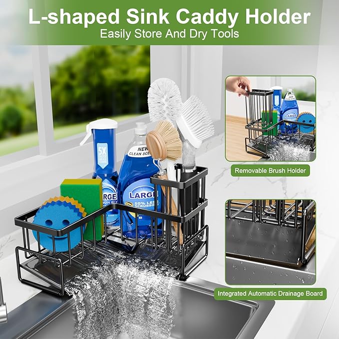 Large Sponge Holder for Kitchen Sink, Sink Caddy Organizer with Dish Brush Holder for Countertop Corner Storage Rack, Metal L-Shaped Kitchen Sink Sponge Soap Organizer Storage Ideas