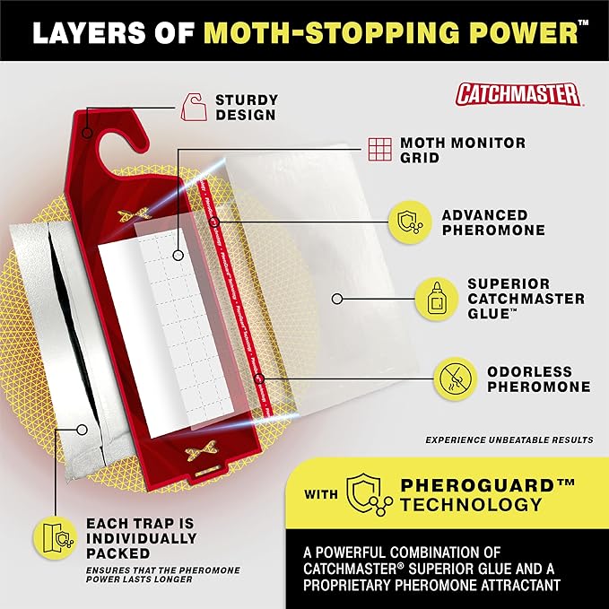 Catchmaster Clothing Moth Traps with Premium Extra Strength Odorless Pheromone Technology – Red, XL, Extra-Strength Glue – Traps & Targets Casemaking and Webbing Moths - 6-Pack