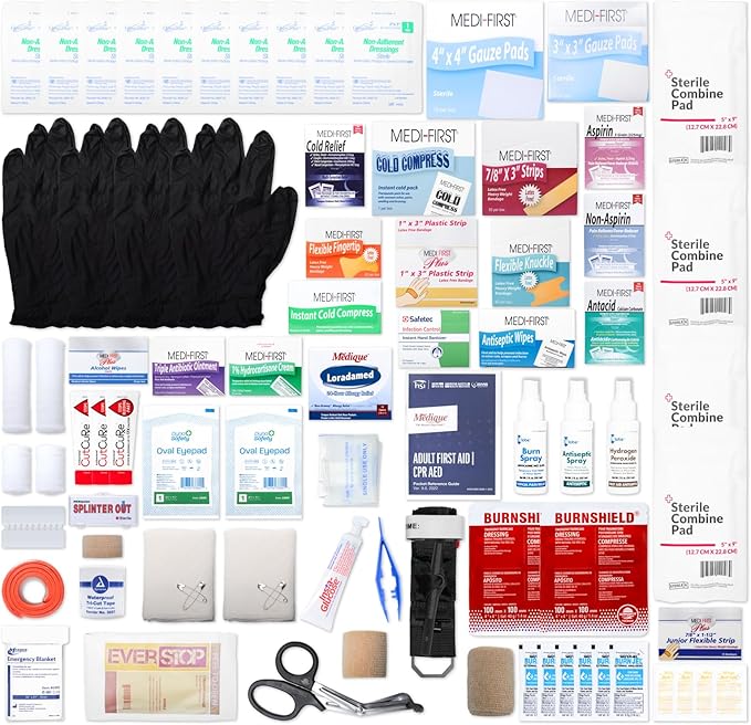 MFASCO Workplace Metal First Aid Kit - 4 Shelf Wall Mount Cabinet with Medications - Large Metal First Aid Box for Office with Supplies - Commercial Grade for Businesses - Emergency Preparedness