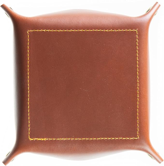 USA Handmade Premium Leather Valet Tray, Folds Flat! Dice Rolling Basket and Organizer with Brass Snaps (Chestnut Gold, Medium)